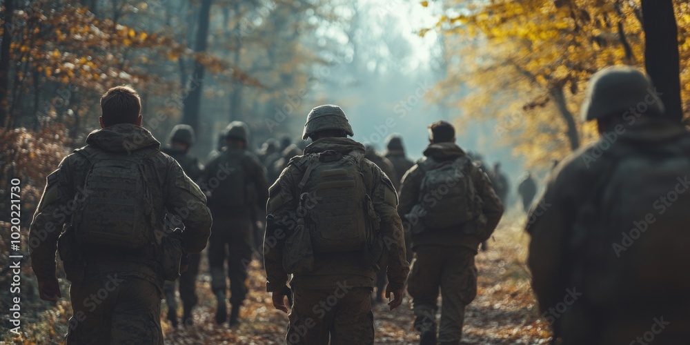 Silhouette of soldiers walking through a forest. Silhouette of soldiers walking through a forest.