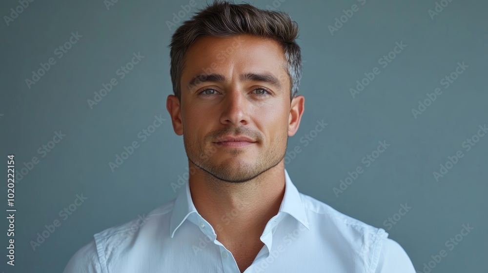 A portrait of a handsome man with a confident expression, wearing a white shirt against a blue background. A portrait of a handsome man with a confident expression, wearing a white shirt against a blue background.