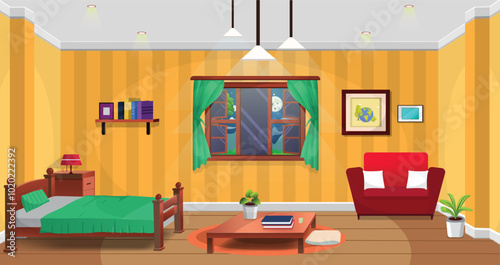 Living room interior comfortable bed and sofa, window and house plants vector flat illustration eps 10