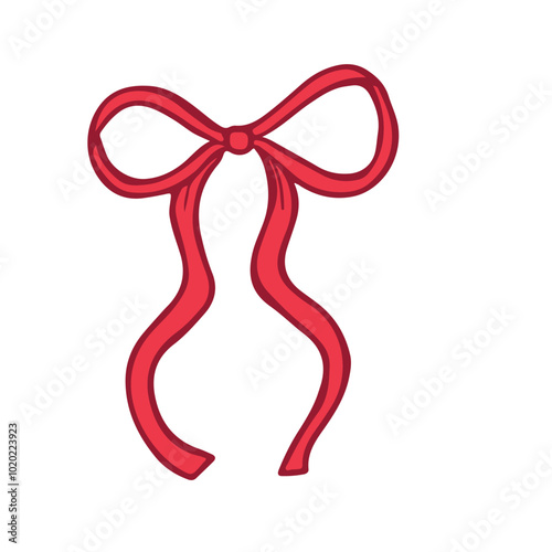 Thin red ribbon bow. Hand drawn red bow illustration. Birthday, Christmas, and Valentine's Day decoration. Gift wrapping. Vector illustration. Romantic element.
