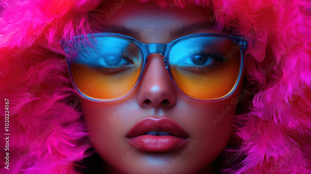 Close-up Portrait of a Woman with Pink Feathers and Sunglasses