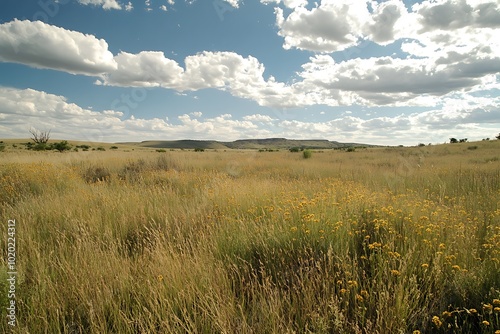 A serene landscape featuring tall grasses and wildflowers under a cloudy sky.