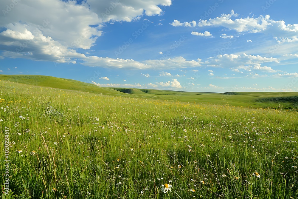 A serene landscape featuring a grassy field under a blue sky with scattered clouds. A serene landscape featuring a grassy field under a blue sky with scattered clouds.