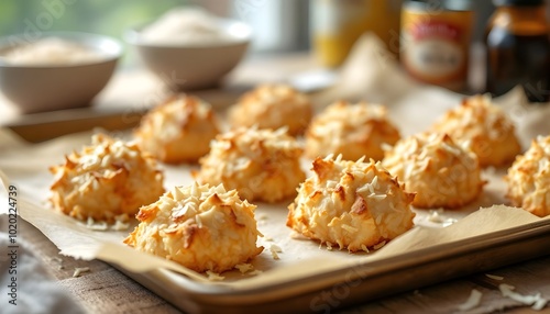 Golden Coconut Macaroons Freshly Baked on a Baking Tray