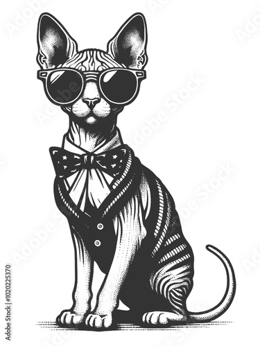 Sphynx cat confidently wearing sunglasses, exuding coolness and attitude sketch engraving generative ai vector illustration. Scratch board imitation. Black and white image.