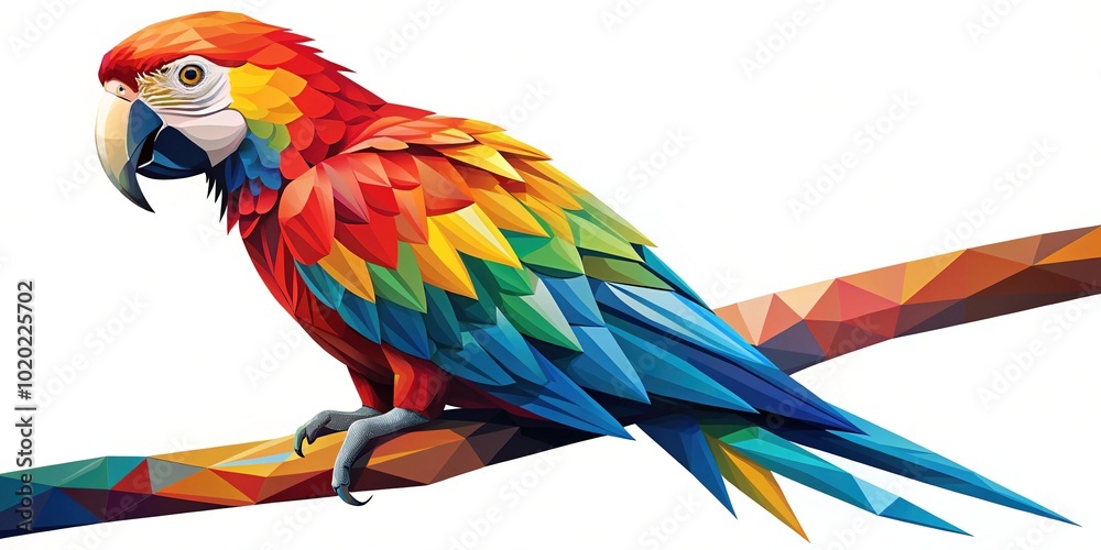 Obraz premium Vibrant Polygon Macaw Parrot Illustration on Branch - Vector Art for Nature Lovers and Designers