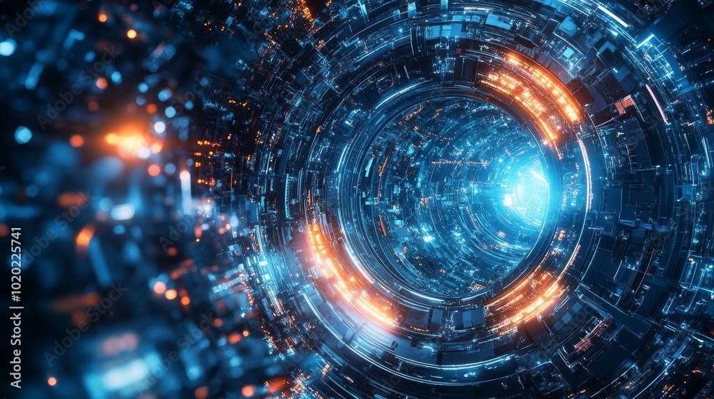 Obraz premium Abstract Digital Tunnel with Glowing Orange and Blue Lights