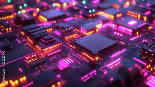 Close-up of a Futuristic Circuit Board with Glowing LED Lights