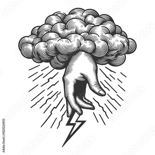 Hand of God sends lightning from sky cloud engraving generative ai vector illustration. Scratch board style imitation. Black and white hand drawn image. 