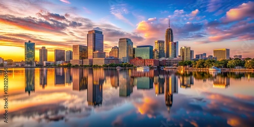 Boston downtown skyline panorama during sunset with beautiful reflection in the water
