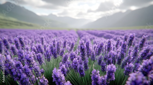 A vibrant lavender field stretches across the landscape under cloudy skies.