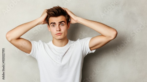 Frustrated consumer holding head, staring at blank wall with confused expression, isolated on neutral background, conveying consumer frustration and confusion.