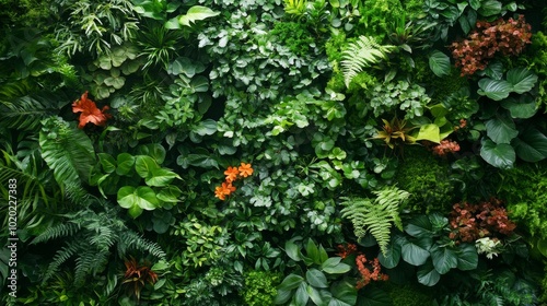 Lush Green Wall with Orange and Red Flowers