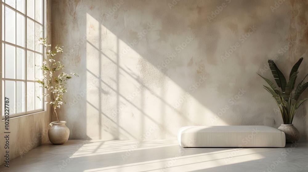 Fototapeta premium Bright and airy interior space with a minimalistic design showcasing natural light, a comfortable bed, and decorative plants, creating a serene and peaceful atmosphere.