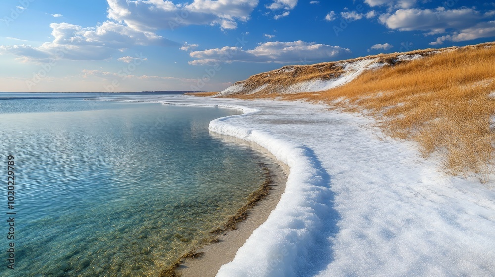 A scenic view of a frozen lake with clear blue water and a sandy shoreline. The shoreline is edged with snow and ice, and the sky is a bright blue with white clouds. A scenic view of a frozen lake with clear blue water and a sandy shoreline. The shoreline is edged with snow and ice, and the sky is a bright blue with white clouds.