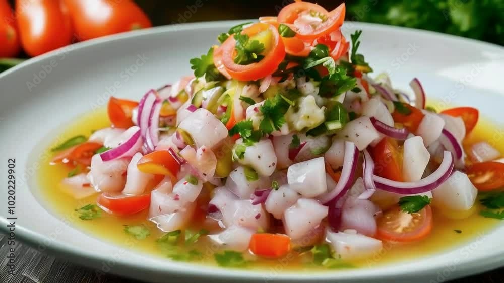 Close-up of fresh ceviche with seafood, lime, and herbs. Close-up of fresh ceviche with seafood, lime, and herbs.
