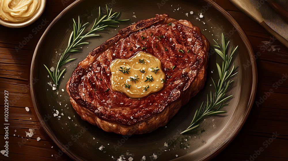 A beautifully plated steak topped with herb butter, garnished with rosemary, served on a rustic wooden table. Perfect for gourmet dining or culinary presentation. A beautifully plated steak topped with herb butter, garnished with rosemary, served on a rustic wooden table. Perfect for gourmet dining or culinary presentation.