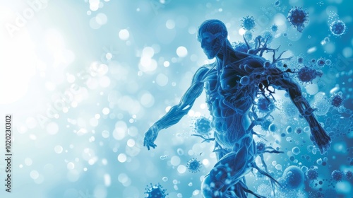 A digital representation of the human body with a blue hue, depicting connective tissue and cells in a dynamic environment, showcasing the complexity of human biology.