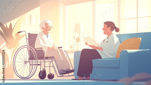 2410_041.caring nurse assists smiling elderly patient, home healthcare setting, sunlit living room, blue sofa with yellow accent pillow, wheelchair nearby, warm color palette, genuine human connection