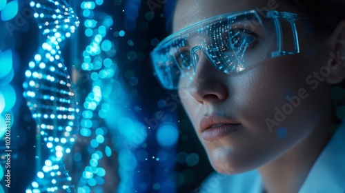 Close-up of a woman wearing futuristic glasses, analyzing glowing DNA strands in a lab setting, symbolizing advanced genetic research and biotechnology.