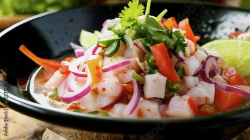 Close-up of fresh ceviche with seafood, lime, and herbs.