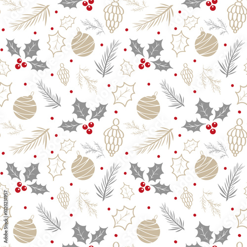 Winter seamless pattern with holly berries, spruce branches and Christmas decorations. Cute design for Christmas wrappings, textile and backgrounds