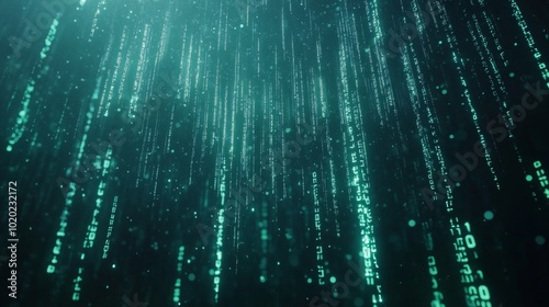 Abstract Digital Rain of Binary Code in Teal and Black