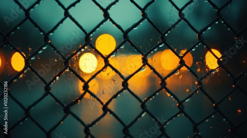 Chain Link Fence with Rain Drops and City Lights photo