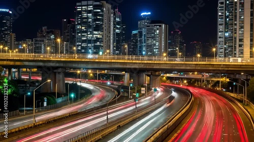 A bustling urban night scene showcasing dynamic traffic and illuminated skyscrapers under a vibrant skyline photo