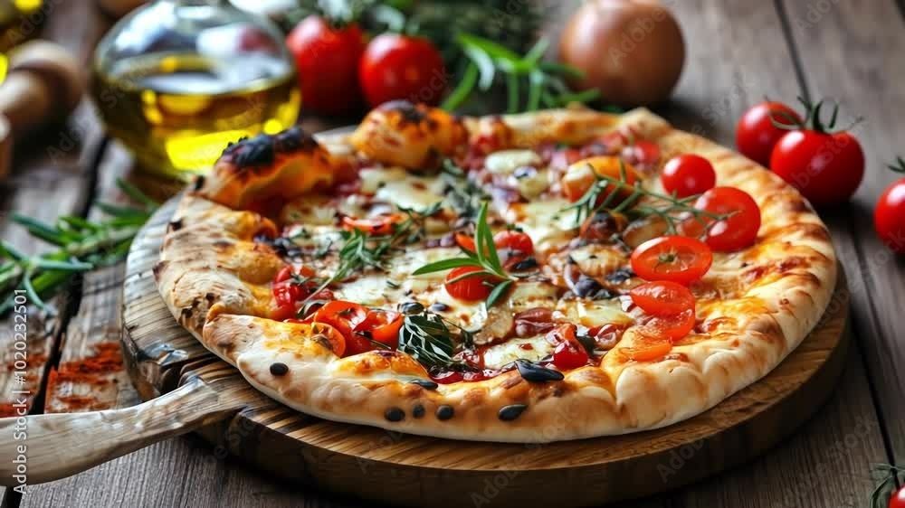 A vibrant close up of a freshly baked pizza on a wooden board, showcasing colorful ingredients and a warm, inviting atmosphere A vibrant close up of a freshly baked pizza on a wooden board, showcasing colorful ingredients and a warm, inviting atmosphere