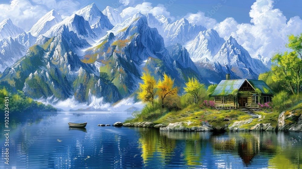 Fototapeta premium Peaceful Mountain Retreat with Cabin by the Lake