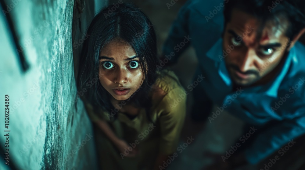 Scared Indian Couple Discovers Their Home is Haunted, Fearful Expression, Standing in a Creepy Room, Possessed by Evil Spirit Scared Indian Couple Discovers Their Home is Haunted, Fearful Expression, Standing in a Creepy Room, Possessed by Evil Spirit