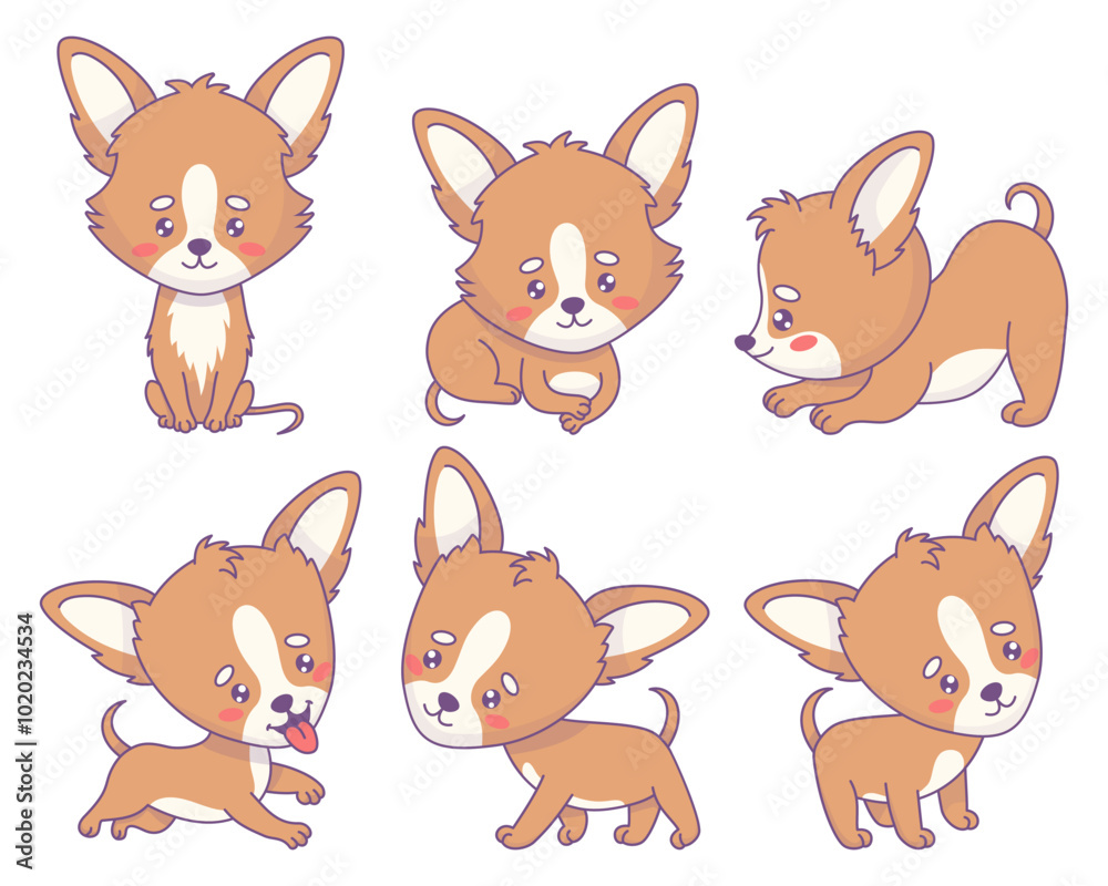 Cute cartoon Chihuahua dog collection. Isolated funny kawaii puppy animal. Vector illustration