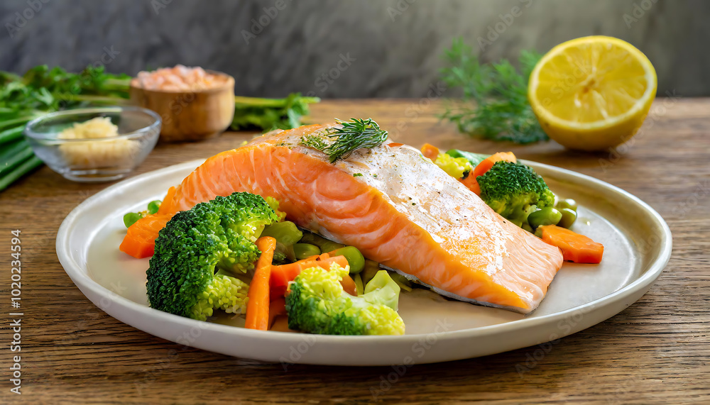 A delicious plate of salmon fillet served with colorful vegetables, garnished with lemon and herbs for a healthy meal. A delicious plate of salmon fillet served with colorful vegetables, garnished with lemon and herbs for a healthy meal.