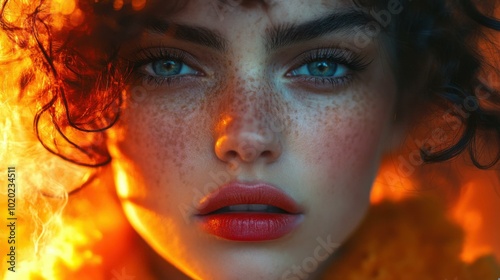 Close-up Portrait of a Woman with Freckles and Intense Gaze