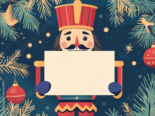 Boże Narodzenie - kartka na życzenia. Dziadek do orzechów trzymający pustą kartkę na życzenia świąteczne.