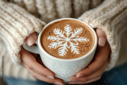 woman hands holding cup of coffee with crema. shape of white snowflake on brown cinnamon crema photo