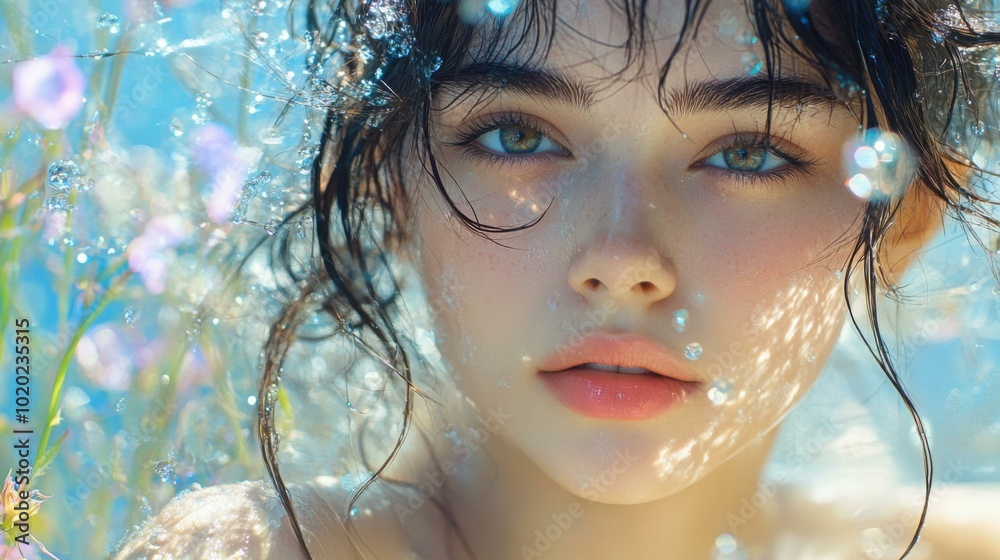 Close-up Portrait of a Woman with Wet Hair and Water Drops Close-up Portrait of a Woman with Wet Hair and Water Drops