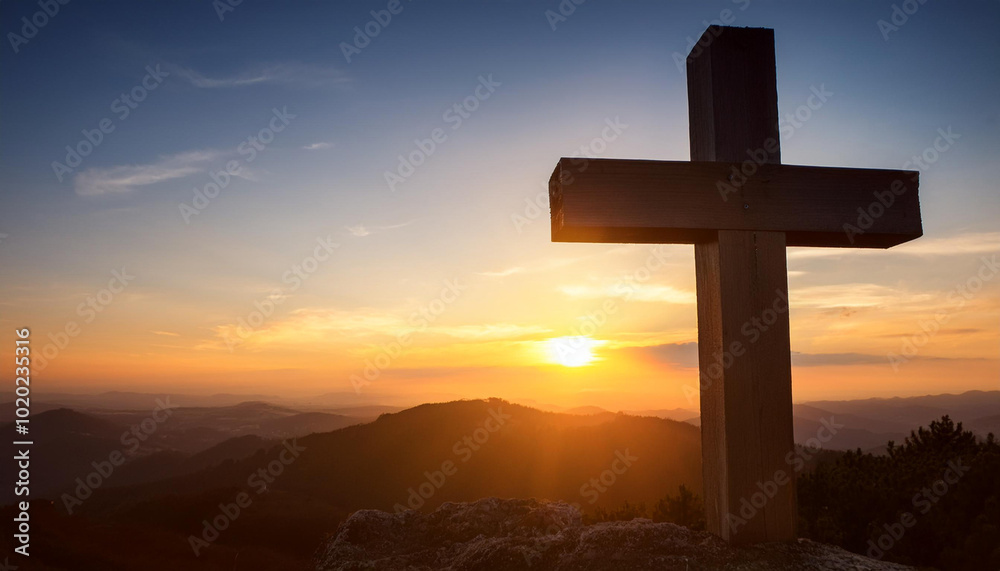 A silhouette of a wooden cross stands atop a mountain against a breathtaking sunset, showcasing faith and inspiration amidst the beauty of nature. A silhouette of a wooden cross stands atop a mountain against a breathtaking sunset, showcasing faith and inspiration amidst the beauty of nature.