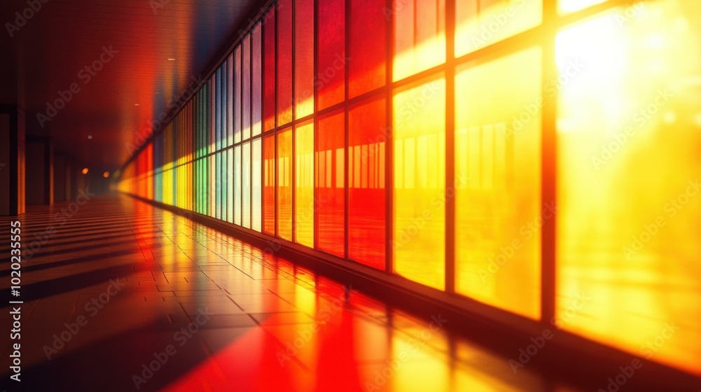 Modern Hallway with Colorful Glass Panels and Sunlight Modern Hallway with Colorful Glass Panels and Sunlight