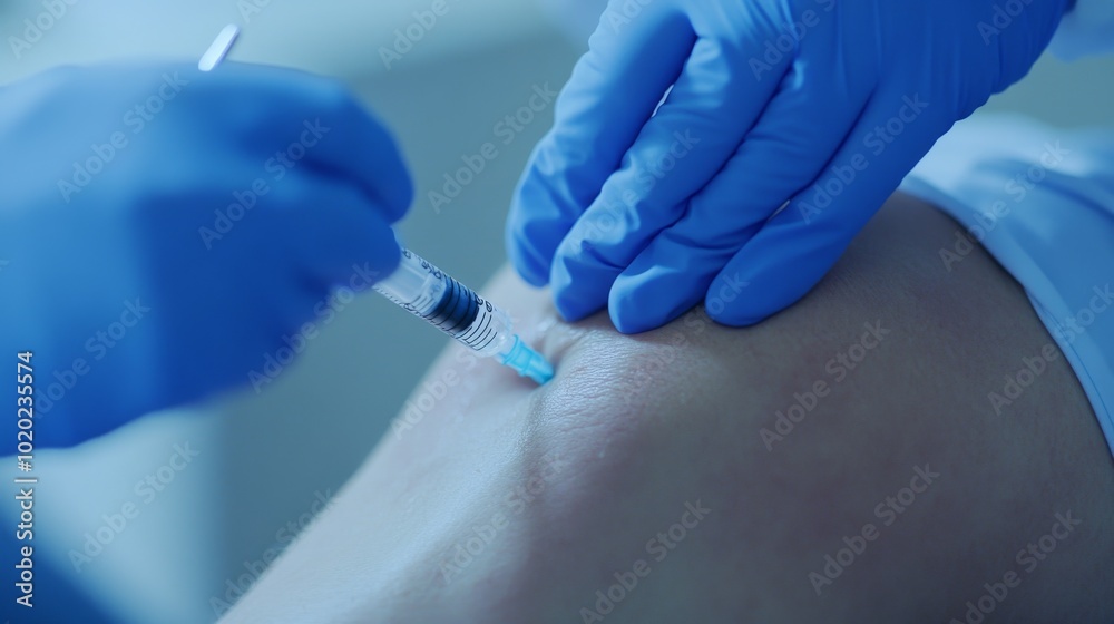2410_086.a close-up view of a medical procedure, a doctor wearing blue gloves, injecting a patient's leg to treat visible varicose veins, medical setting, indoors, clinical lighting, clear focus on 2410_086.a close-up view of a medical procedure, a doctor wearing blue gloves, injecting a patient's leg to treat visible varicose veins, medical setting, indoors, clinical lighting, clear focus on