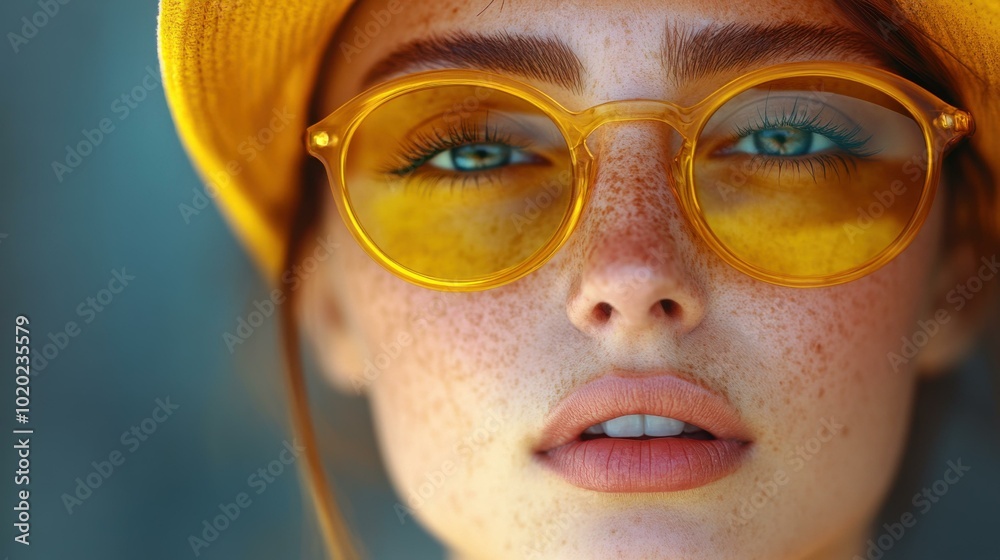 Close-up Portrait of a Woman with Freckles Wearing Yellow Sunglasses Close-up Portrait of a Woman with Freckles Wearing Yellow Sunglasses