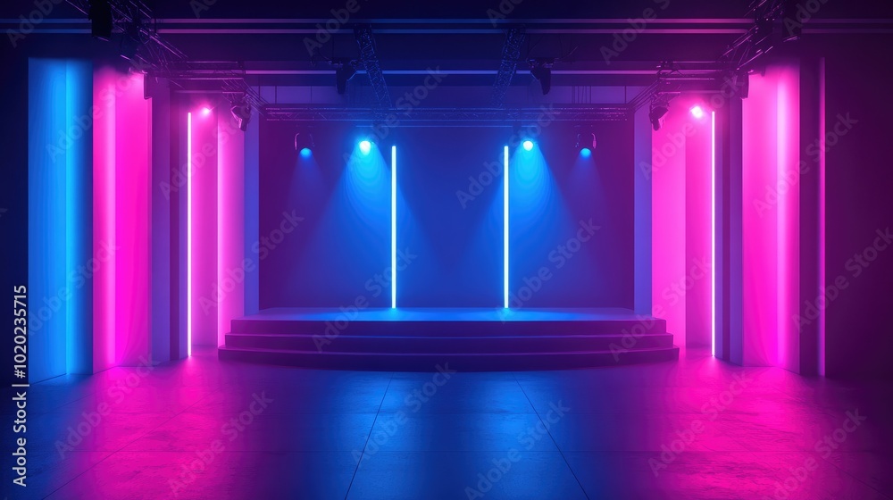 Neon blue and pink lighting on a club stage, highlighting minimalist architecture with open copy space for branding. Neon blue and pink lighting on a club stage, highlighting minimalist architecture with open copy space for branding.