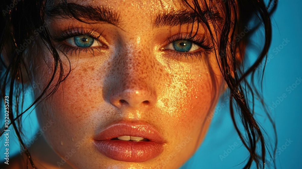 Close Up Portrait of Woman with Blue Eyes and Freckles Close Up Portrait of Woman with Blue Eyes and Freckles