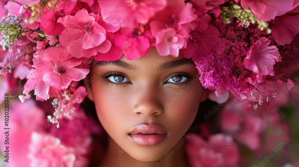 Close-Up Portrait of a Woman Wearing a Floral Crown