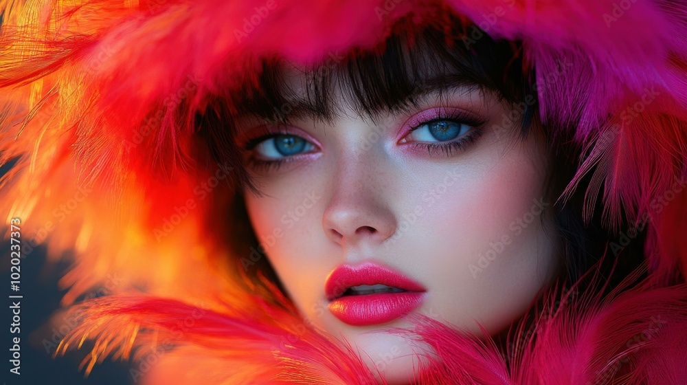 Woman with Red Feathers and Dramatic Makeup - Fashion Portrait Woman with Red Feathers and Dramatic Makeup - Fashion Portrait