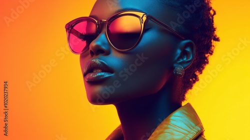 Portrait of a Woman in Sunglasses with Colorful Lighting