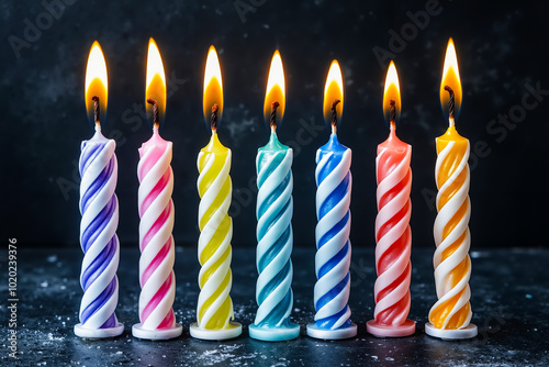 A row of colorful birthday candles with lit candles in them photo