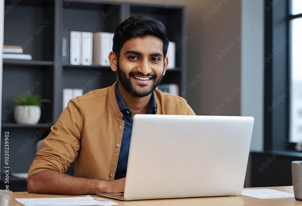 A smiling young Indian man is working in the office with a laptop and documents, holding papers and talking on a video call with clients and partners A smiling young Indian man is working in the office with a laptop and documents, holding papers and talking on a video call with clients and partners
