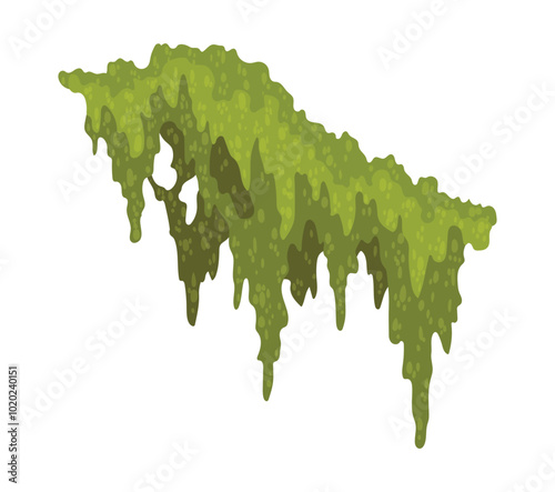 Cartoon jungle moss shape. Green swamp moss, forest hanging and creeping lichen. Rainy forest flora. Marsh plant for computer games isolated on white. Flat vector illustration